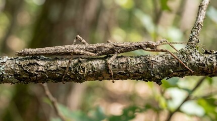 Fototapeta premium Camouflaged Stick Insect Mating on a Tree Branch in Natural Habitat.
