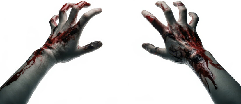 Two pale zombie hands with red stains reaching out on a white background