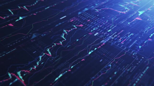 Financial stock market and cryptocurrency charts with data trends for investment and trading analysis.