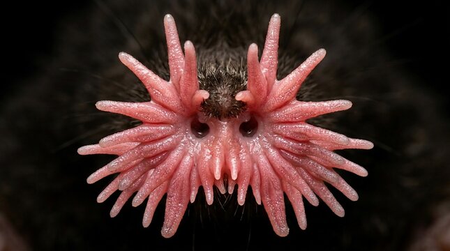 Close up of a Star Nosed Moles distinctive star shaped nose against a dark background.