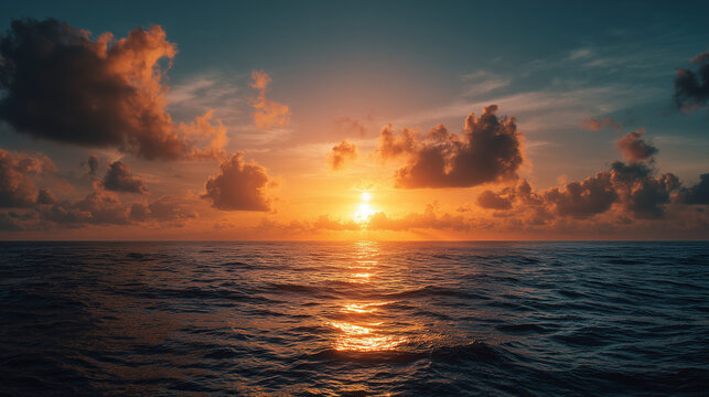 sunrise over the ocean horizon, golden light reflecting on water, soft clouds, peaceful atmosphere, ultra realistic photography, cinematic lighting, HDR, minimal composition.