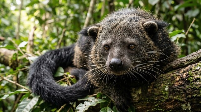 Close-up of a Binturong, also known as a bearcat, resting on a tree branch in its natural habitat, looking directly at the camera.