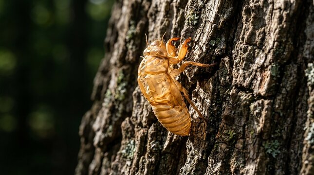 Close-up of a Cicada Exoskeleton Clinging to a Tree Trunk in Nature.