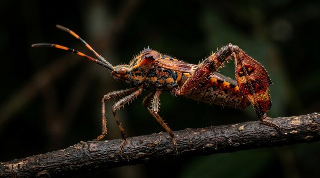 Close-up of a colorful stink bug on a branch in its natural habitat.