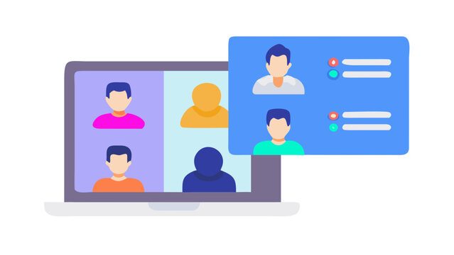 Illustration of a video conference call with participants on a laptop screen and a separate contact list