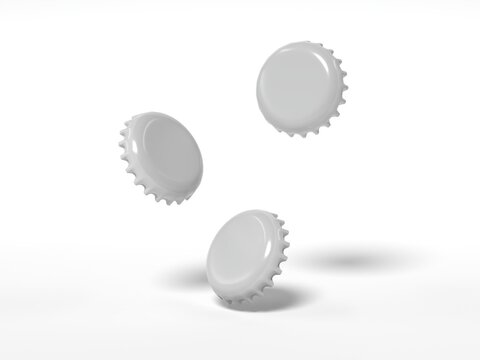 Perspective view mockup of three flying blank white metal crown bottle caps with shadows isolated on white background