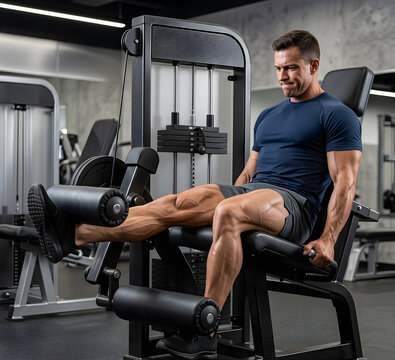 Muscular man performing leg extensions on a weight machine in a modern gym; quadriceps workout, strength training and lower body hypertrophy concept.