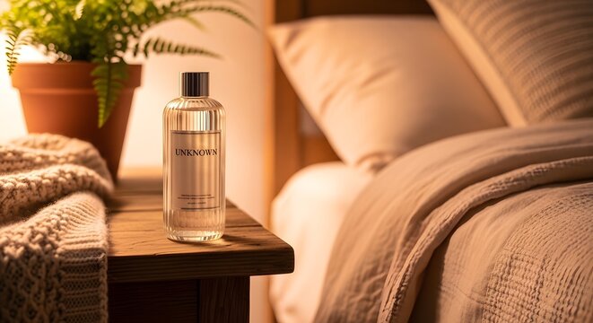 Cozy Bedroom Scene with Reed Diffuser and Plant