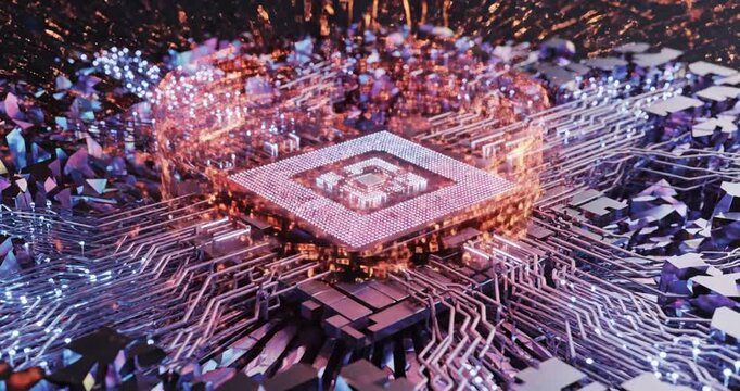 Abstract representation of a computer chip surrounded by vibrant data streams and circuitry