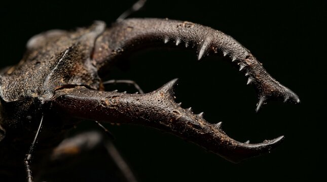 Close-up of a praying mantis raptorial foreleg with sharp spikes against a dark background.