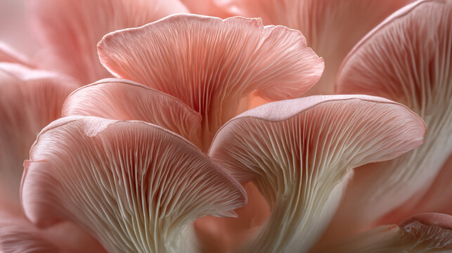 An artistic arrangement of soft pink oyster mushroom caps.