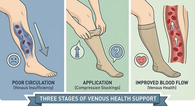 Comprehensive medical infographic showing three stages of compression stocking application for improved venous blood flow and circulation health therapy treatment for leg edema prevention.