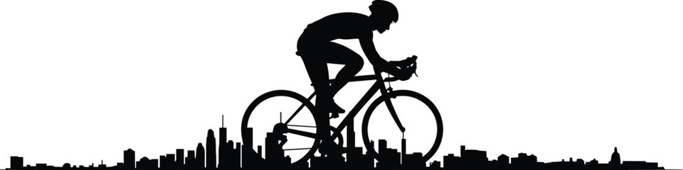 Fototapeta premium Dynamic silhouette of cyclist racing above modern city skyline, symbolizing urban fitness, speed, adventure, transportation, and healthy lifestyle inspiration.