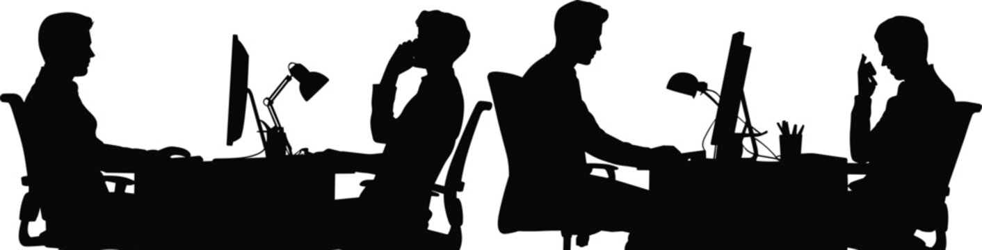 Black and white office silhouette of people working at computers with desk lamps, modern workplace, technology, communication, vector illustration design