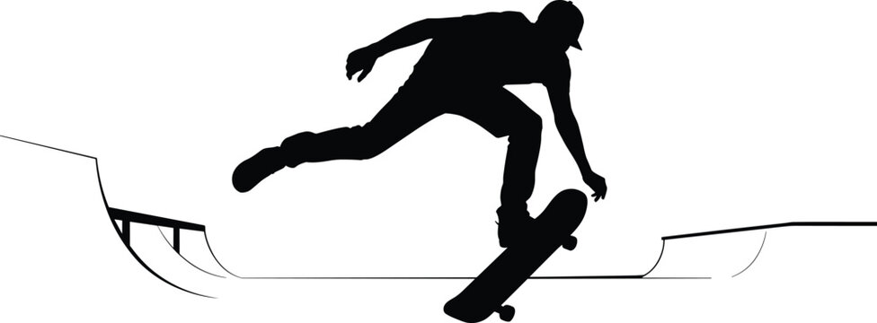 Dynamic silhouette of skateboarder performing aerial trick above skatepark half‑pipe ramp, showcasing extreme sports energy, balance, motion, and skill.