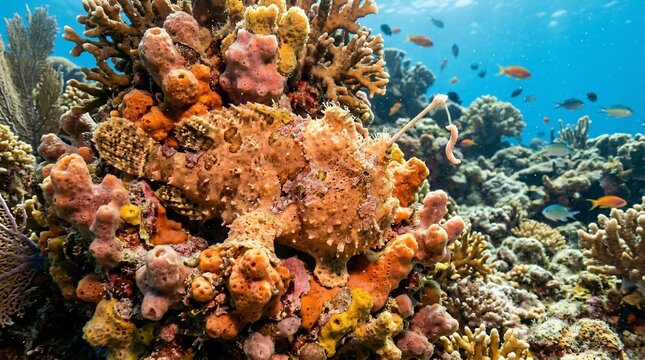 A giant frogfish camouflaged on a vibrant tropical coral reef underwater.