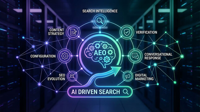 Answer engine optimization AEO framework illustrating cognitive search intelligence semantic query processing and automated verification configuration for modern conversational digital marketing.