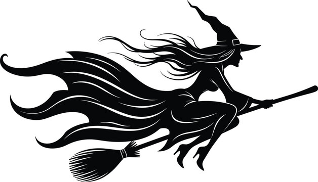 A striking black silhouette depicts a witch in flight dynamically posed on her broomstick high quality professional detailed modern elegant stylish