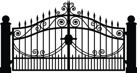 An ornate black iron gate stands prominently featuring decorative swirls and pointed finials high quality professional detailed modern elegant stylish clean © MtMoyouri