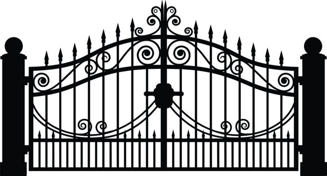 An ornate black iron gate stands prominently featuring decorative swirls and pointed finials high quality professional detailed modern elegant stylish clean