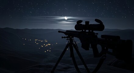 Naklejka premium Sniper Rifle on Tripod Under Moonlight with Distant City Lights.