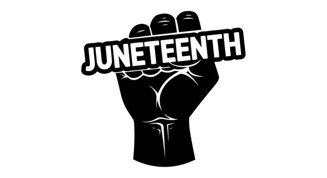 Raised fist graphic with juneteenth text, symbolizing freedom and unity.