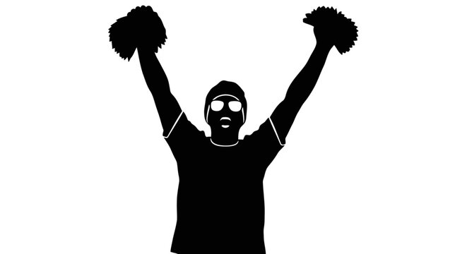 A silhouette of a cheerleader with raised arms and pom-poms against a white background.