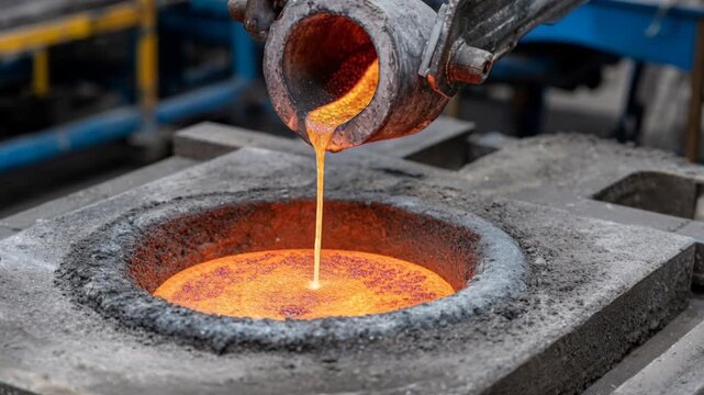 Molten orange metal is poured from a ladle into a circular mold in an industrial foundry setting.