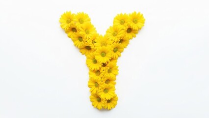 Obraz premium A large, bright yellow letter Y made of small flowers on a white background