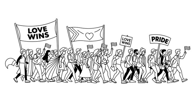 A black and white illustration of people marching in a pride parade with various signs and flags.