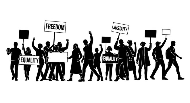 A group of people marching together, holding signs that advocate for equality, freedom, and activists.