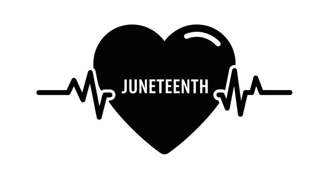 A black heart with juneteenth written on it surrounded by a heartbeat line.