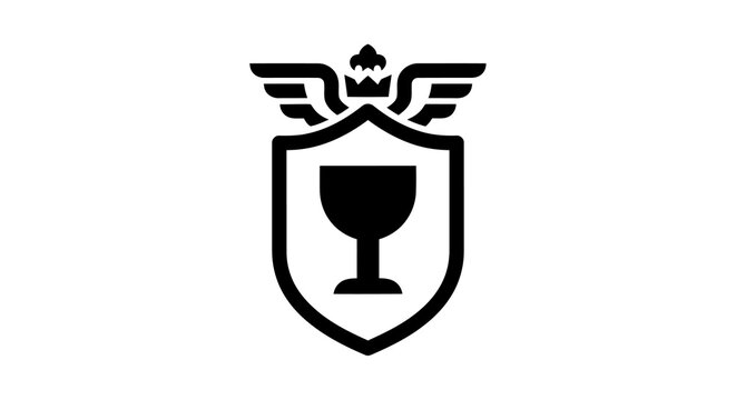 A black logo featuring a shield with a goblet and wings on a white background.