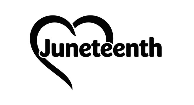 A simple black and white graphic design featuring the word juneteenth in a heart shape.