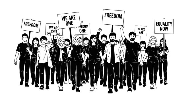 A group of people marching together holding signs with various social messages.