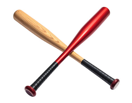 Two crossed sports bats, one wood, one shiny red, on white