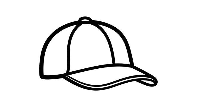 A simple black and white line drawing of a baseball cap on a white background.