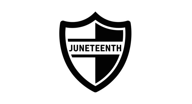 A black and white shield logo commemorating juneteenth freedom day.