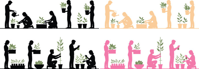 Vector silhouettes of people gardening and nurturing plants. Figures shown watering, potting, and carrying saplings and houseplants, illustrating growth and cultivation © Dream Hub