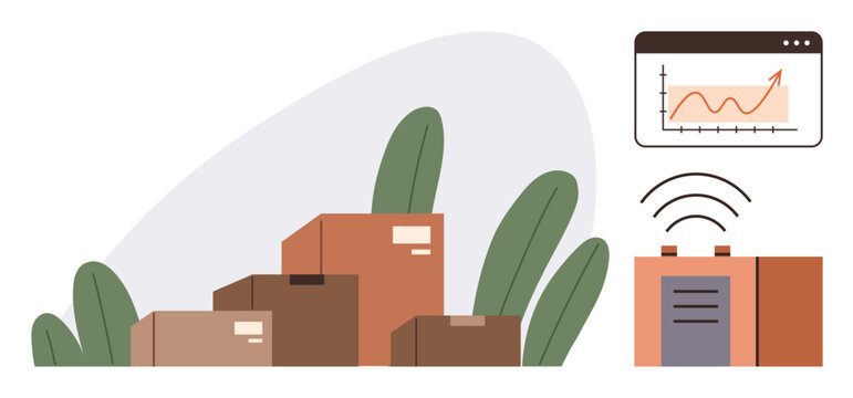 E-commerce, logistics, supply chain, delivery systems, inventory tracking, data analytics. Cardboard boxes, chart display and wireless device. Logistics and e-commerce connection concept