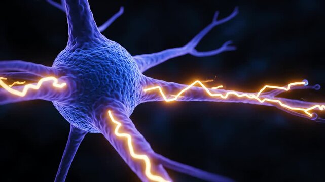 Neuron cell with electrical impulses firing.