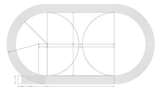 Linear animation resembling a blueprint for a track at an athletics stadium.With alpha channel.100-meter runner, sprinter, sports