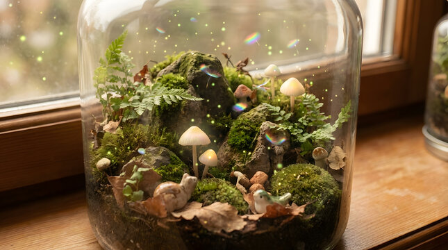 Magical miniature terrarium a sparkling ecosystem of lush moss and fungi within a glass jar, perfect for serene indoor botanical display