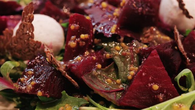 Close up of a beetroot salad with creamy cheese, seeds, and greens
