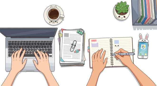 Overhead view of hands typing and writing with study materials nearby