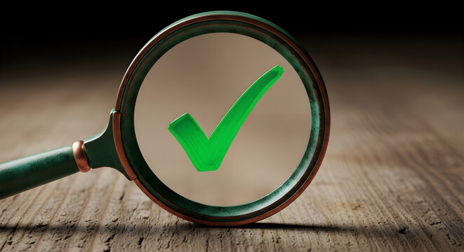 Magnifying glass focusing on a green checkmark, symbolizing confirmation, accuracy, and a successful outcome