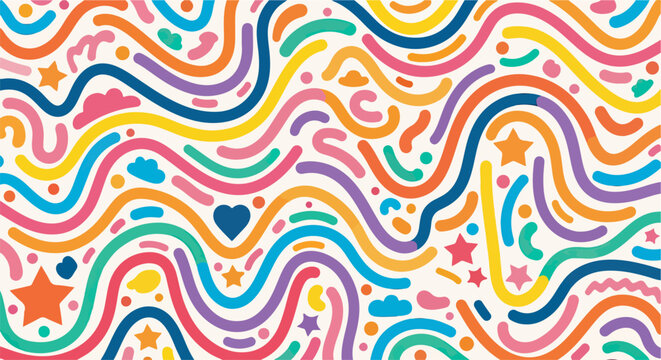 Buntes abstraktes Muster mit handgezeichneten Wellenlinien, Sternen, Herzen und Punkten auf wei&szlig;em Hintergrund f&uuml;r kreative Designprojekte.