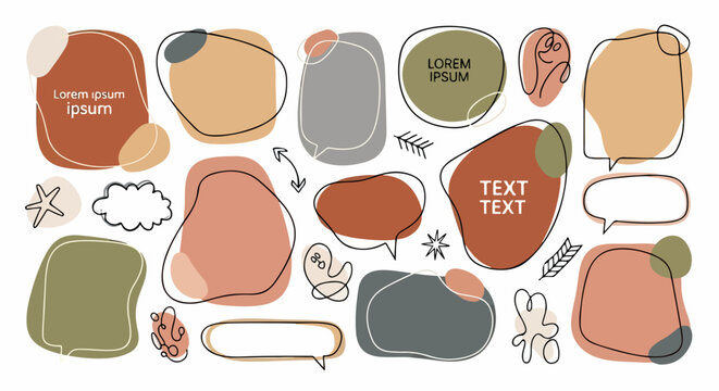 Set von minimalistischen organischen Sprechblasen und Textfeldern in warmen Erdt&ouml;nen f&uuml;r kreative Designs, Pr&auml;sentationen und Social Media Layouts.