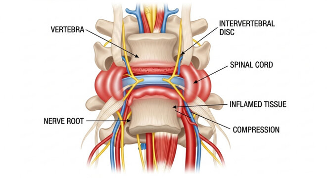 Educational medical diagram illustrating spinal cord compression caused by inflamed intervertebral discs and nerve roots.