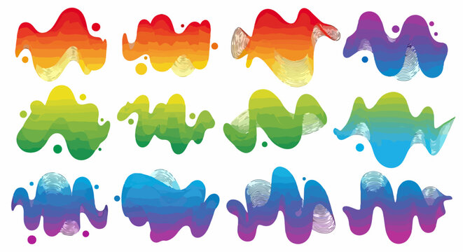 Set von zw&ouml;lf abstrakten, wellenf&ouml;rmigen organischen Formen mit lebendigen Farbverl&auml;ufen auf wei&szlig;em Hintergrund f&uuml;r modernes Grafikdesign und Branding.